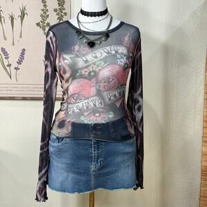 Vintage 90s Y2k Mesh Hearts Flame Floral Graphic Top Grunge Punk Rave Festival M